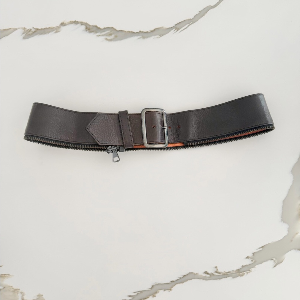 Vintage 1990’s 2000's Jean Paul Gaultier Wide Dark Brown Zipper Trim Curved Belt